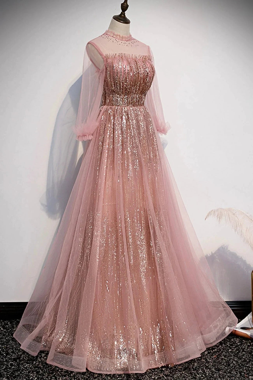 Pink tulle sequins long prom dress pink evening dress s109 by simplepromdress