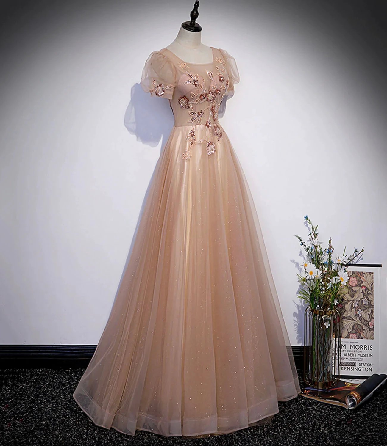 Cute tulle beads long prom dress A line evening gown s63 by simplepromdress