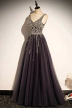 Stylish v neck tulle long prom dress A line evening dress s76 by simplepromdress