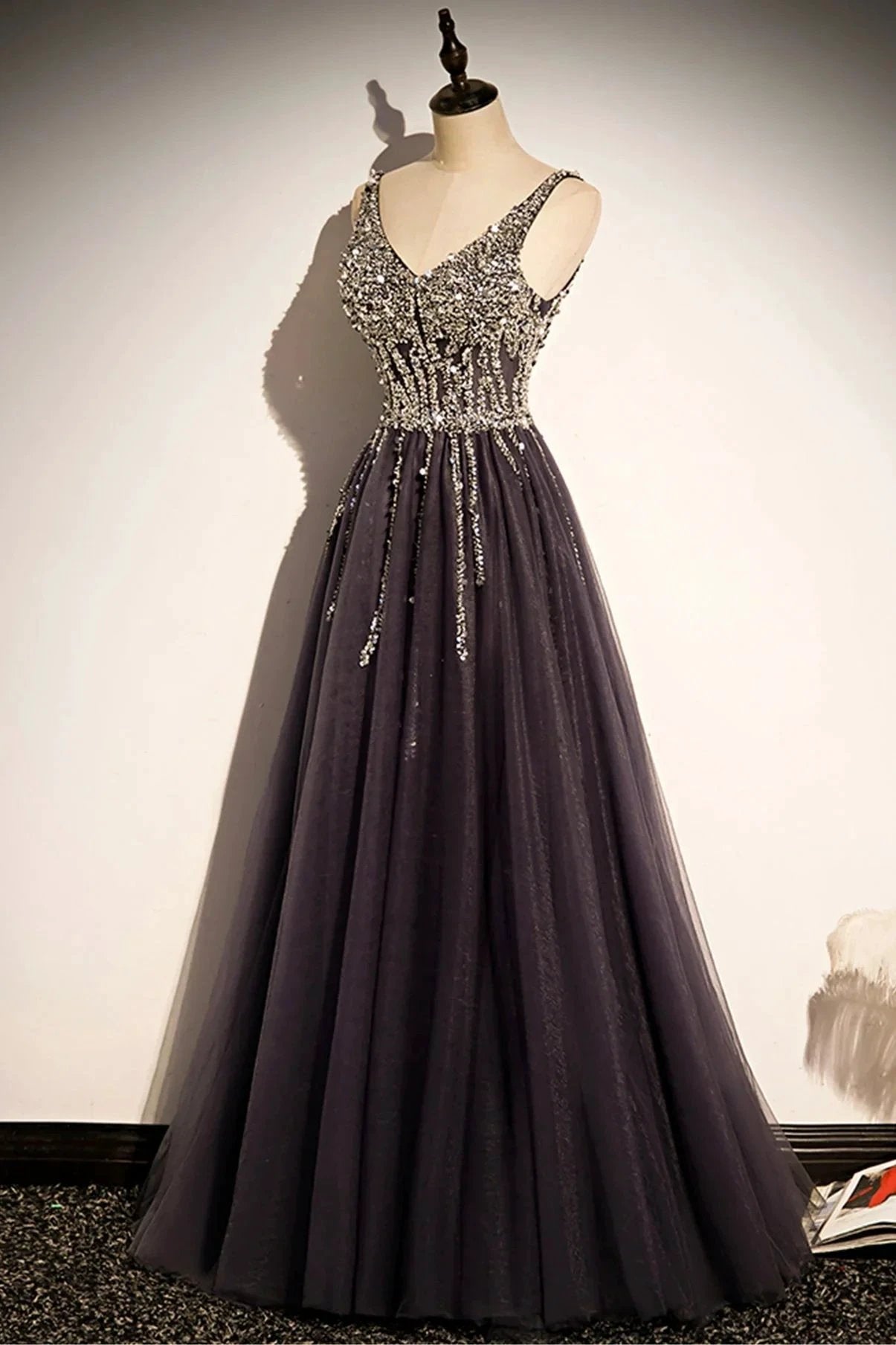 Stylish v neck tulle long prom dress A line evening dress s76 by simplepromdress