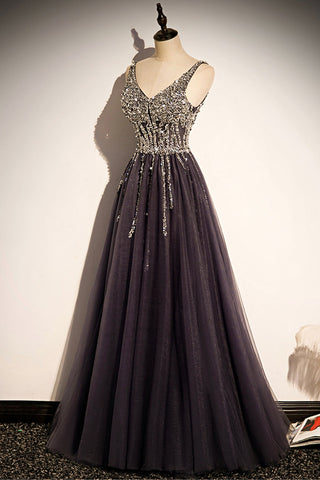 Stylish v neck tulle long prom dress A line evening dress s76