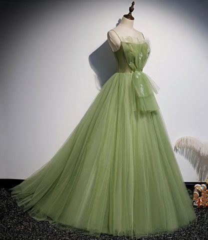 Green tulle long prom dress A line evening dress s56
