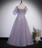 Purple tulle beads long prom dress A line evening gown s59 by simplepromdress