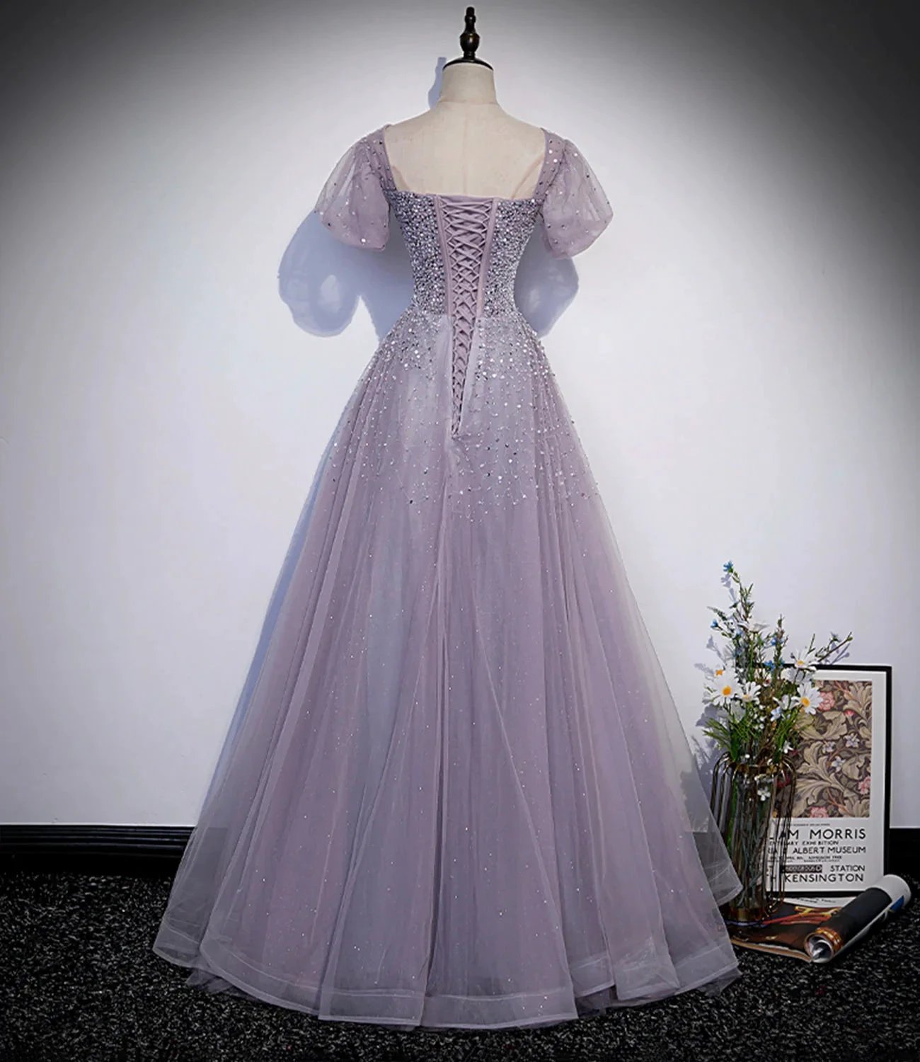 Purple tulle beads long prom dress A line evening gown s59 by simplepromdress