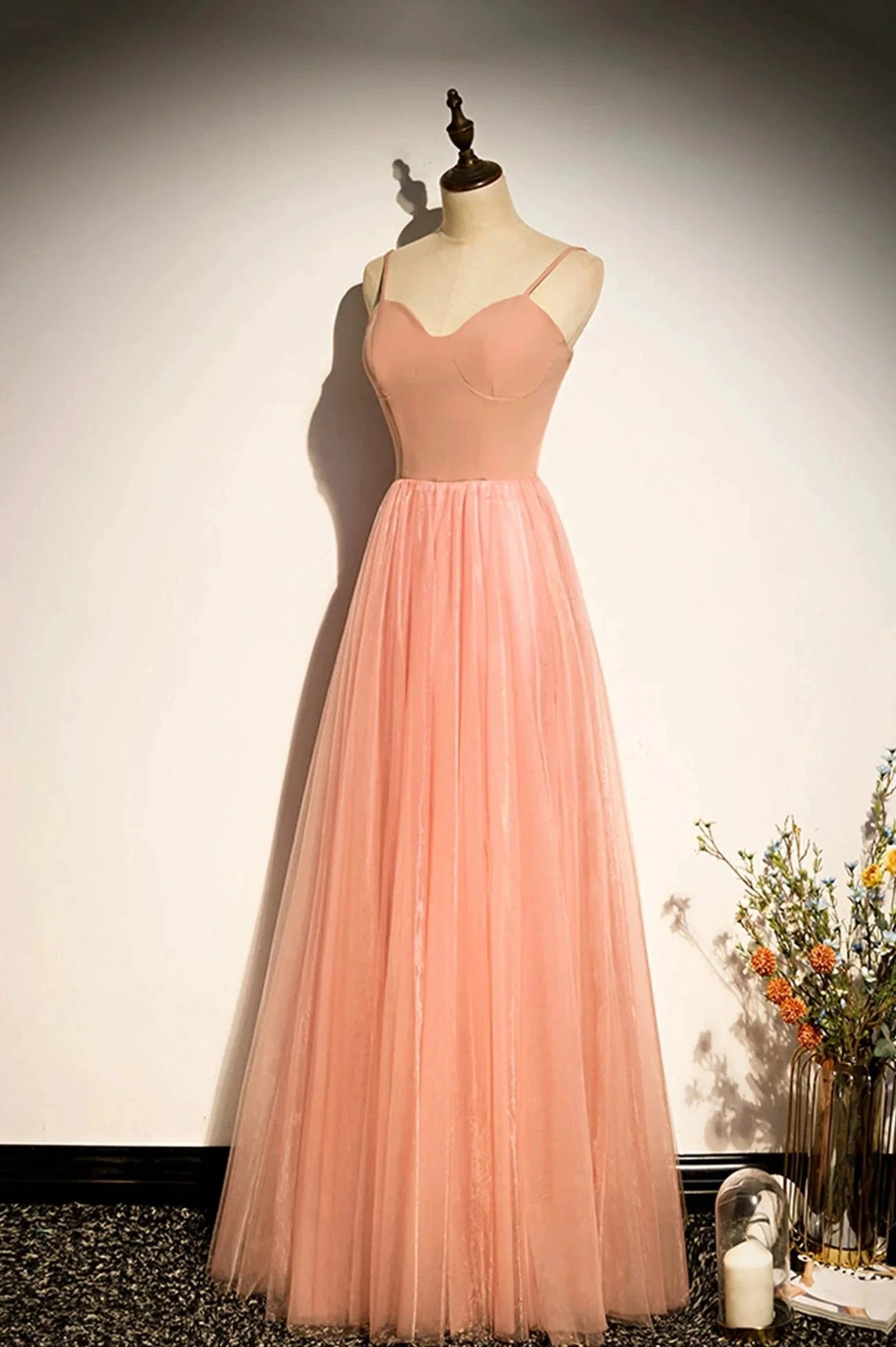 Pink tulle long prom dress A line evening dress s92 by simplepromdress