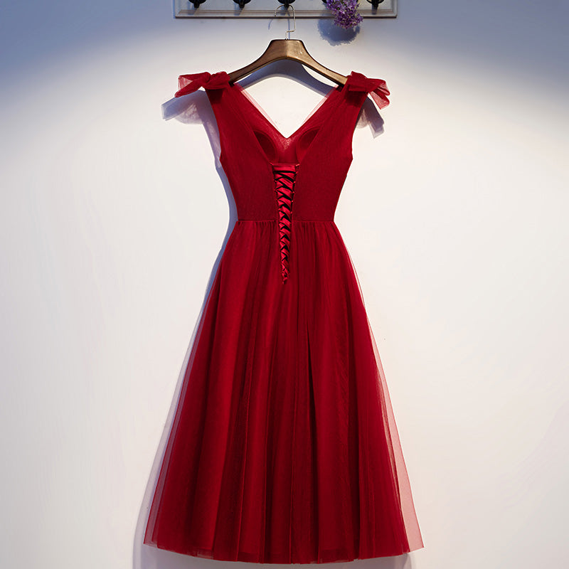 Burgundy v neck tulle short homecoming dress s95