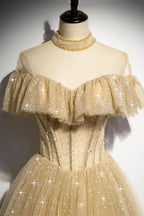 Gold A line sequins long ball gown dress formal dress s78 by simplepromdress