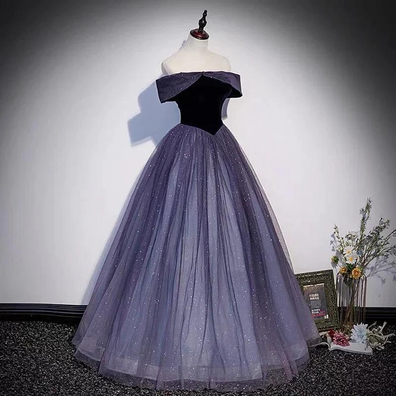 Purple tulle long prom dress A line evening gown s66 by simplepromdress