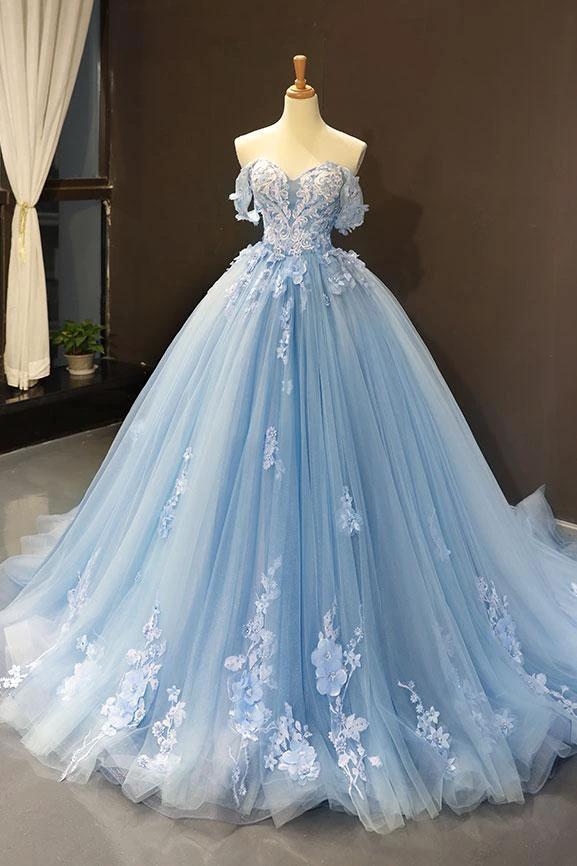Blue lace applique elegant off the shoulder ball gown Y1578 by simplepromdress