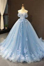 Blue lace applique elegant off the shoulder ball gown Y1578 by simplepromdress