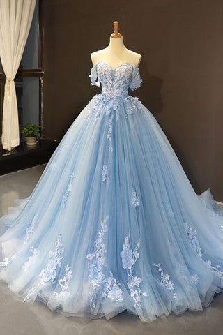 Vestido de fiesta elegante con apliques de encaje azul y hombros descubiertos Y1578
