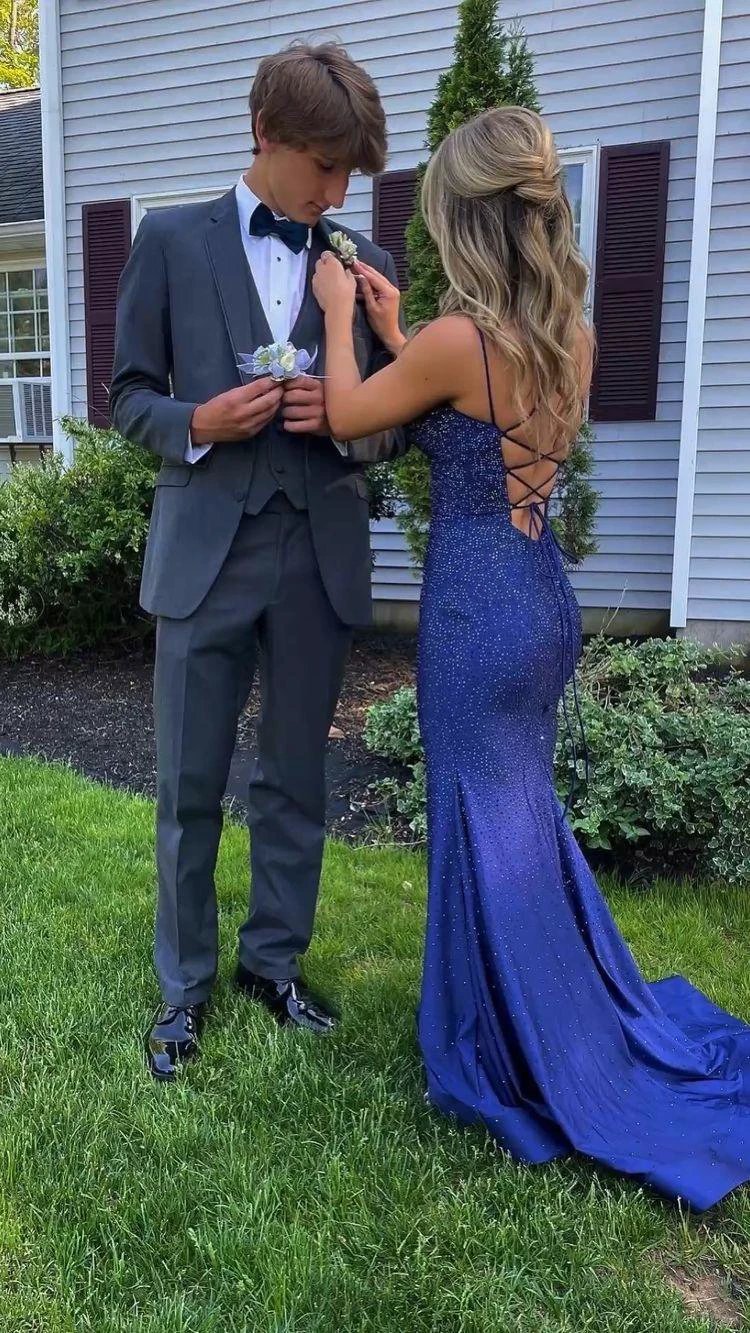 Charming Mermaid Navy Blue Long Prom Dresses,Lace-up Back Evening Dress Y1618 by simplepromdress
