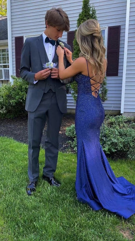 Vestido de fiesta largo azul marino con corte sirena y espalda con cordones Y1618