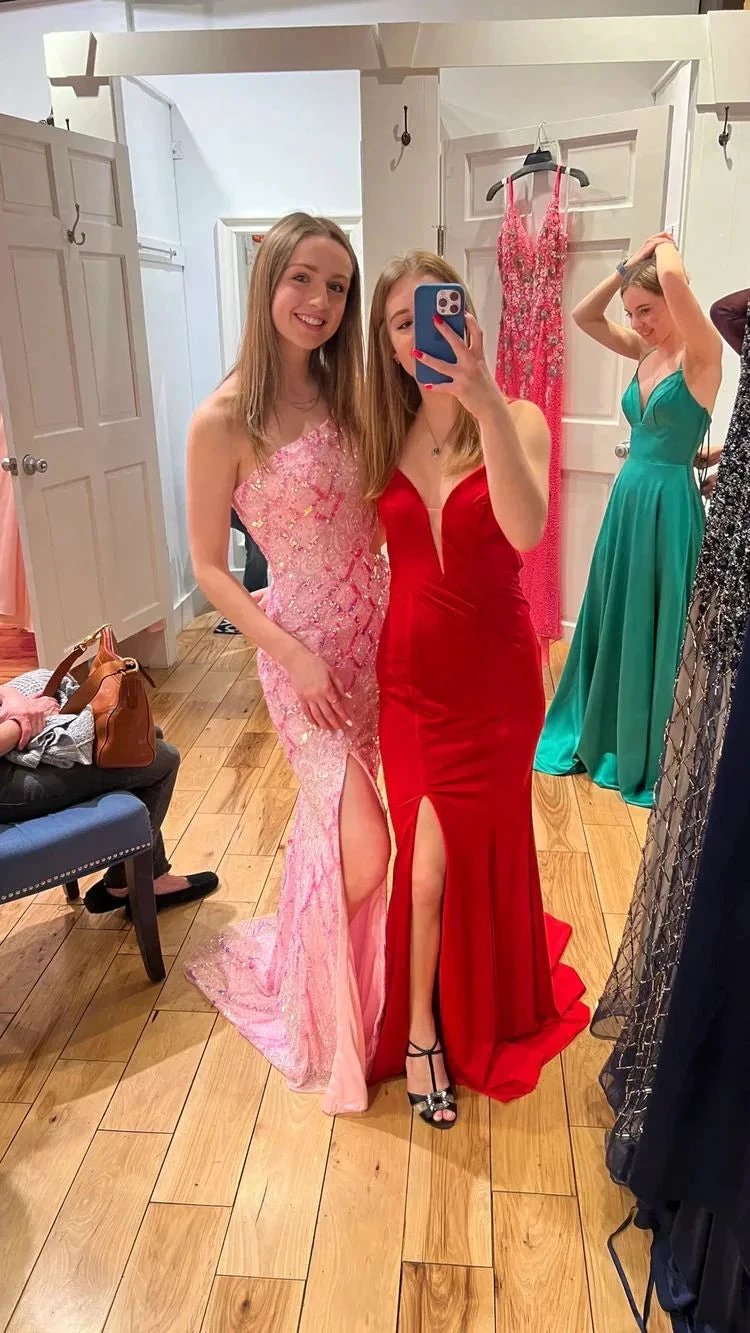 Chic One Shoulder Pink Sequins Evening Dress ,Sparkly Pink Evening Gown Y1633 by simplepromdress