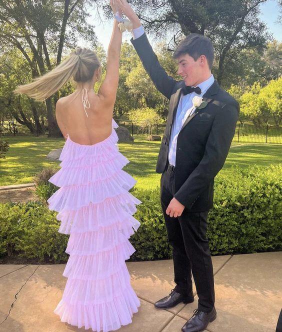 Sexy Halter Pink Layered Long Prom Evening Dresses,Chic Formal Gown Y1586 by simplepromdress