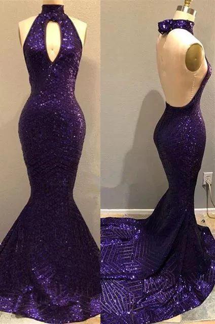 Purple Sequins Sexy Open Back Prom Dresses | Mermaid Keyhole Evening Gowns Y1529 by simplepromdress