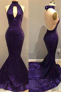 Purple Sequins Sexy Open Back Prom Dresses | Mermaid Keyhole Evening Gowns Y1529 by simplepromdress