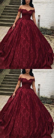 Charmantes Burgunderrotes Ballkleid mit schulterfreier Spitze Brautkleider Y1564
