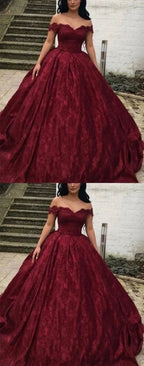 Charming Burgundy Lace Ball Gown Off Shoulder Wedding Dresses Y1564 by simplepromdress