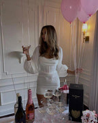 White Birthday Party Dress with Puff Sleeves Sexy Short Homecoming Dress Y1556 by simplepromdress