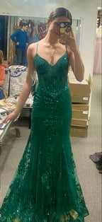 Sexy Mermaid Spaghetti Straps Prom Dresses Green Appliques Evening Dresses Y1852