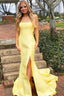 Simple Yellow Mermaid Satin Long Prom Dresses, Simple Yellow Mermaid Satin Long Prom Formal Evening Dresses Y1887