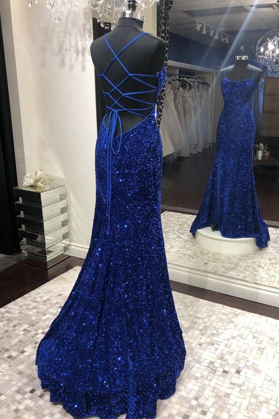 Mermaid Sequins Long Prom Dresses, Royal Blue Backless Evening Dresses Y1898