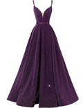 Glitter Spaghetti V-Neck Prom Dresses Long Side Split Formal Evening Gowns Y1849 by simplepromdress