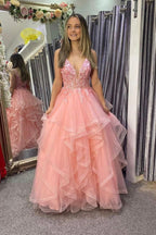 Pink V-Neck Lace Long Prom Dresses, A-Line Pink Evening Dresses Y1885