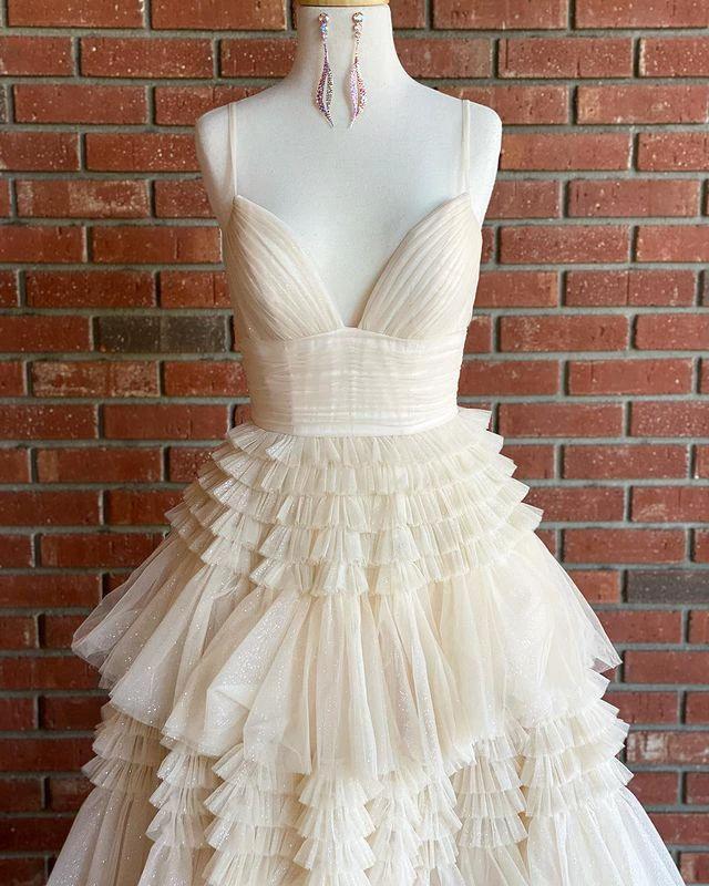 Ball Gown V Neck Straps Light Champagne Tulle Prom Dresses Y1875 by simplepromdress