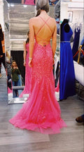 Mermaid Hot Pink Lace Long Prom Dresses, Hot Pink Mermaid Formal Dresses, Hot Pink Lace Evening Dress Y1888 by simplepromdress