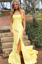 Simple Yellow Mermaid Satin Long Prom Dresses, Simple Yellow Mermaid Satin Long Prom Formal Evening Dresses Y1887