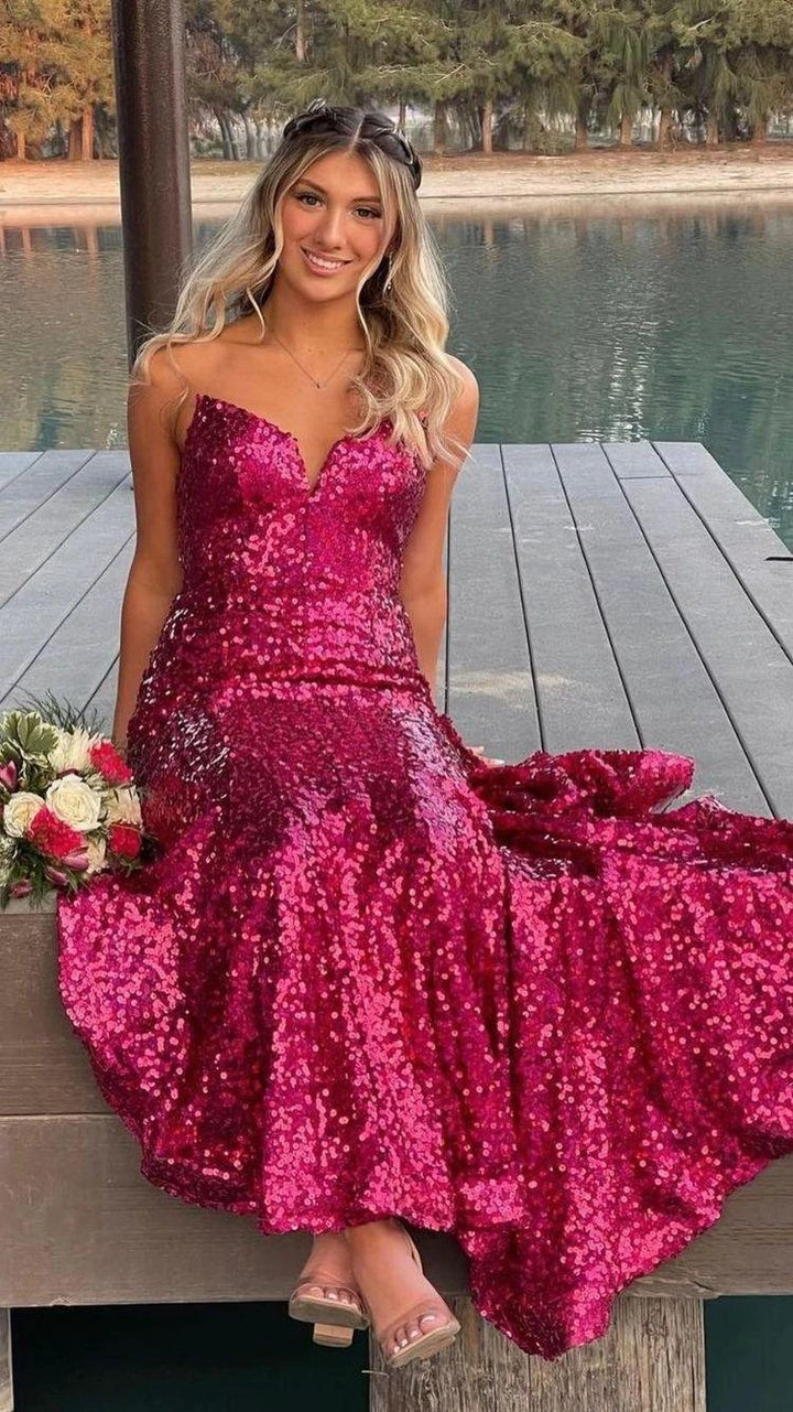 Strapless Fuchsia Sequins Long Prom Dress,Elegant Mermaid Evening Dress Y1876 by simplepromdress