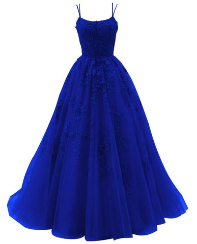 Königsblaues Spaghettiträger-Abschlussballkleid Ballkleid Spitzenapplikationen Hochzeit Tüll Langes Kleid Prinzessin Formales Abendkleid Y1905