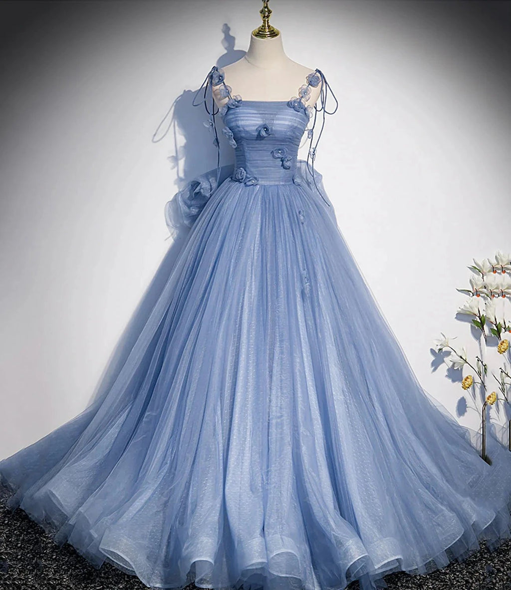 Blue tulle long A line prom dress blue evening dress s51 by simplepromdress