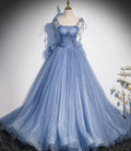 Blue tulle long A line prom dress blue evening dress s51 by simplepromdress