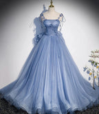 Blue tulle long A line prom dress blue evening dress s51 by simplepromdress