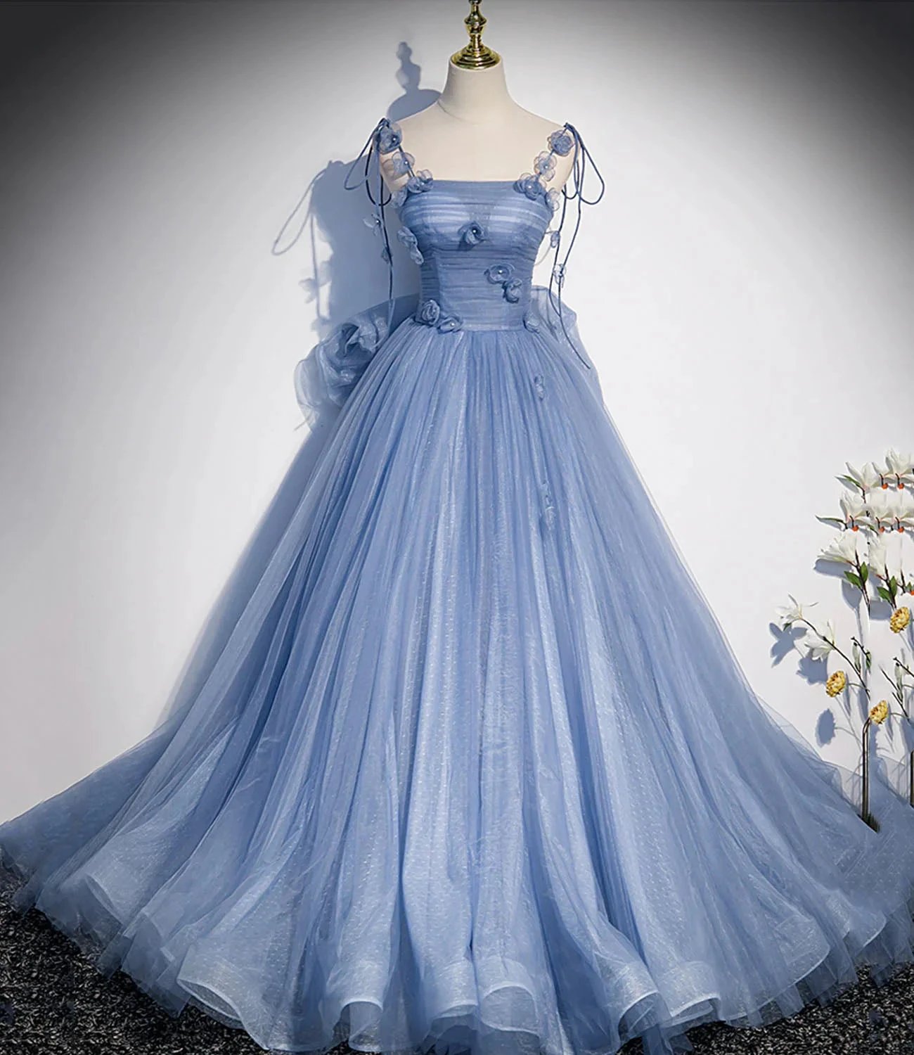 Blue tulle long A line prom dress blue evening dress s51 by simplepromdress