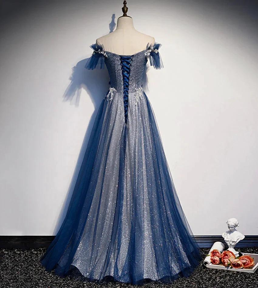 Shiny tulle sequins long prom dress blue evening dress s102 by simplepromdress