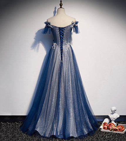 Glänzendes Tüll Pailletten langes Ballkleid blaues Abendkleid S102