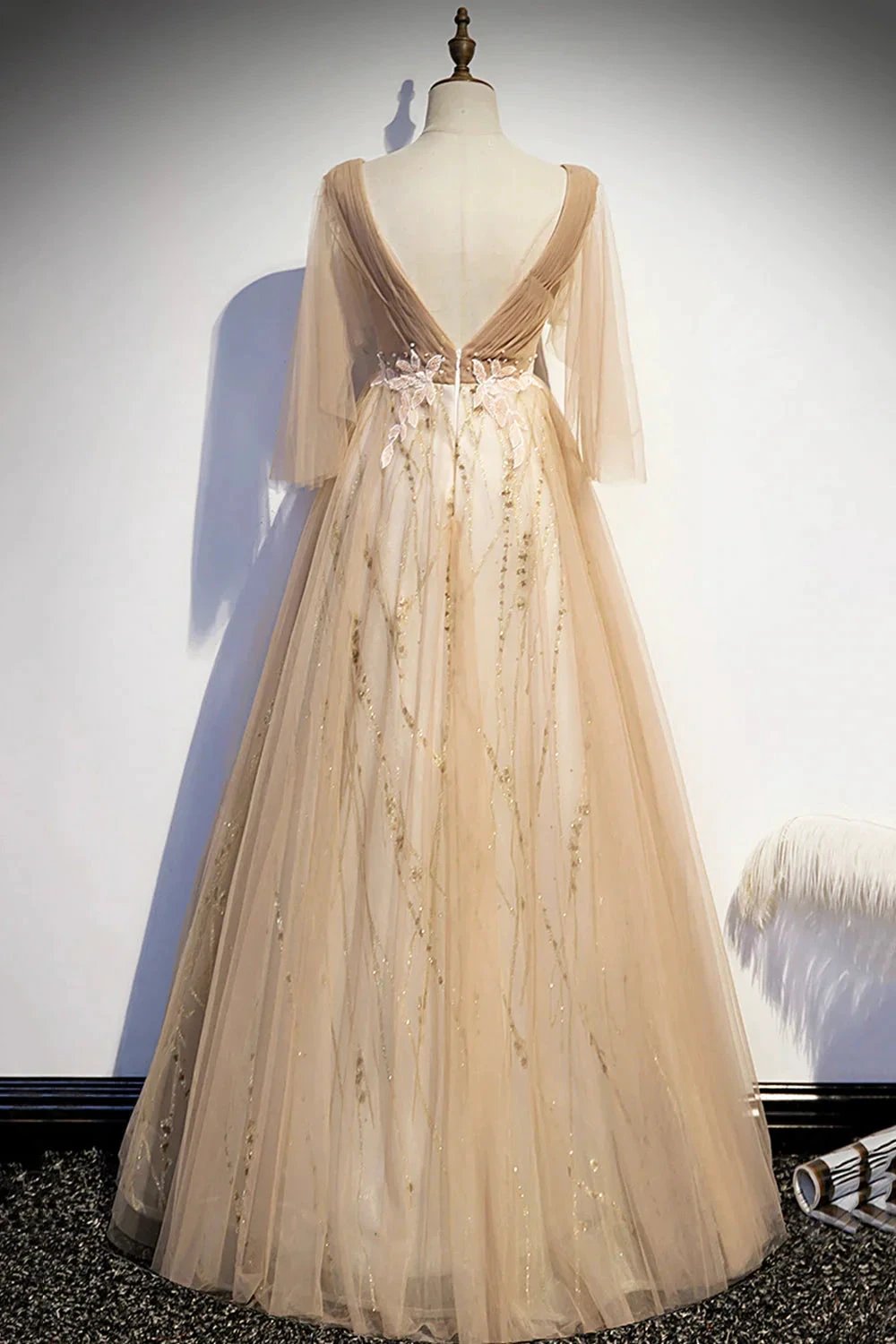 Champagne v neck lace long prom dress A line evening dress s77 by simplepromdress