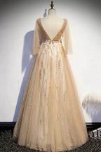 Champagne v neck lace long prom dress A line evening dress s77 by simplepromdress