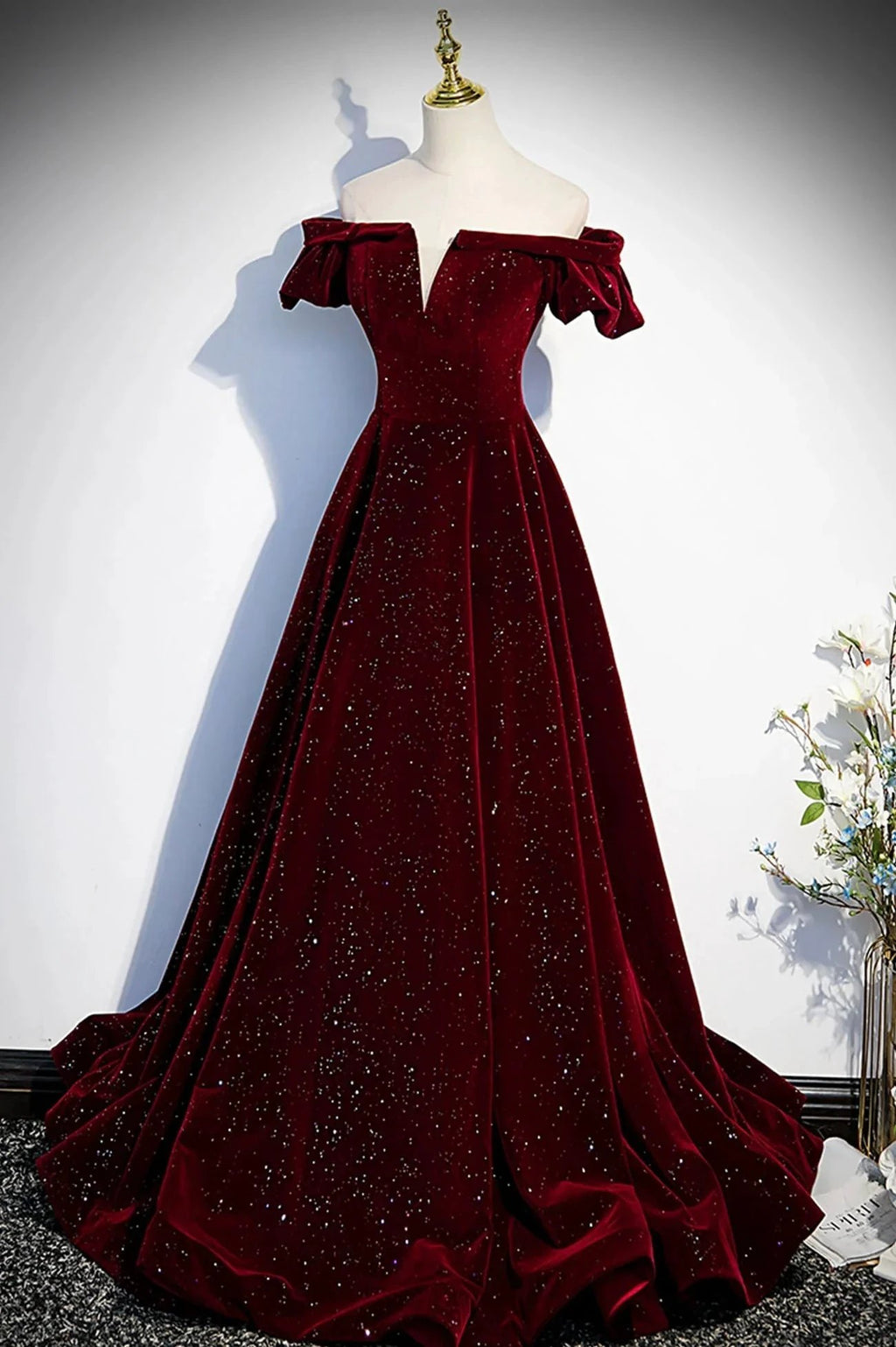 Burgundy velvet long prom dress A line evening dress s53 by simplepromdress