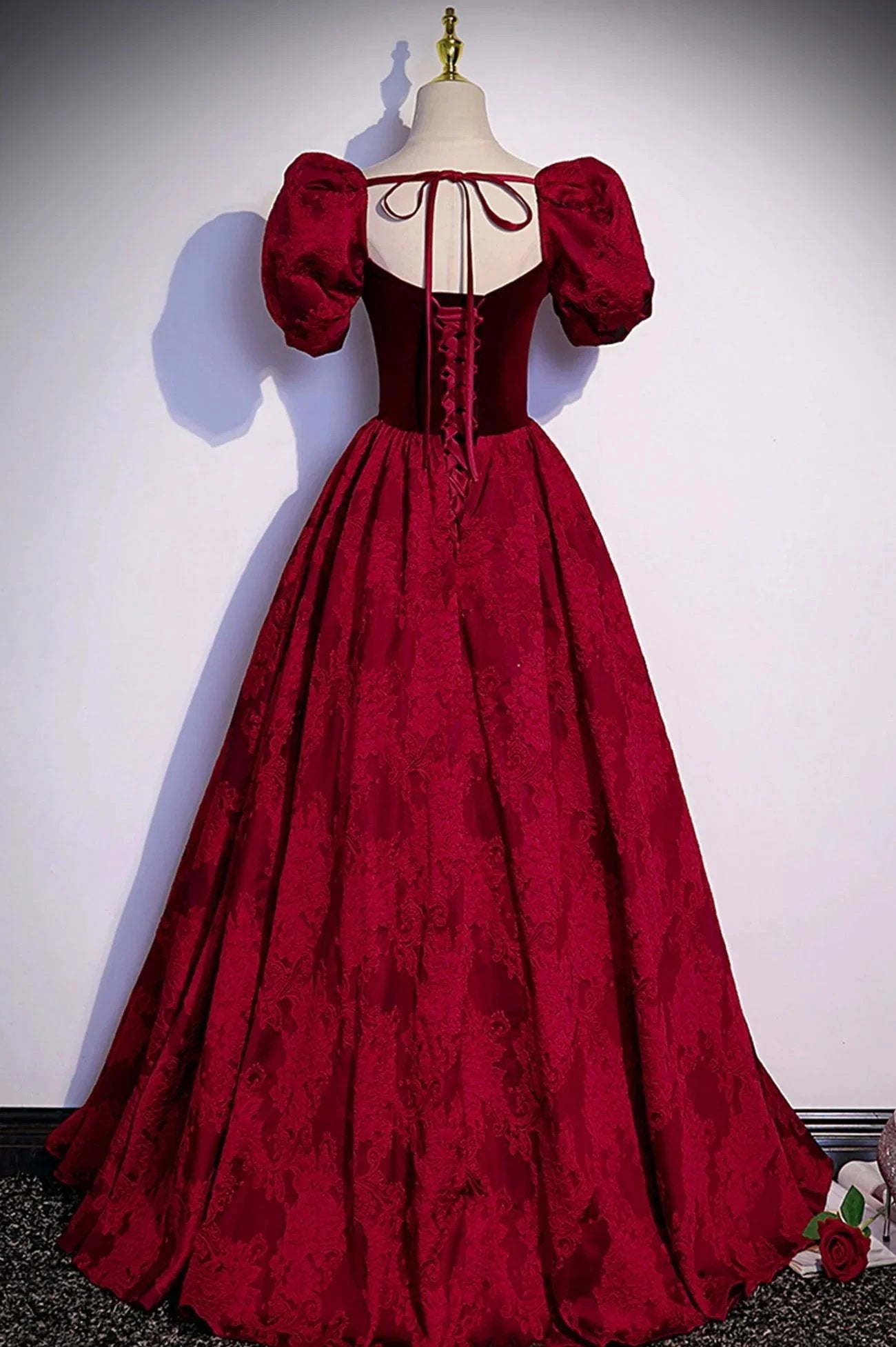 Burgundy velvet jacquard long prom dress evening dress s89 by simplepromdress