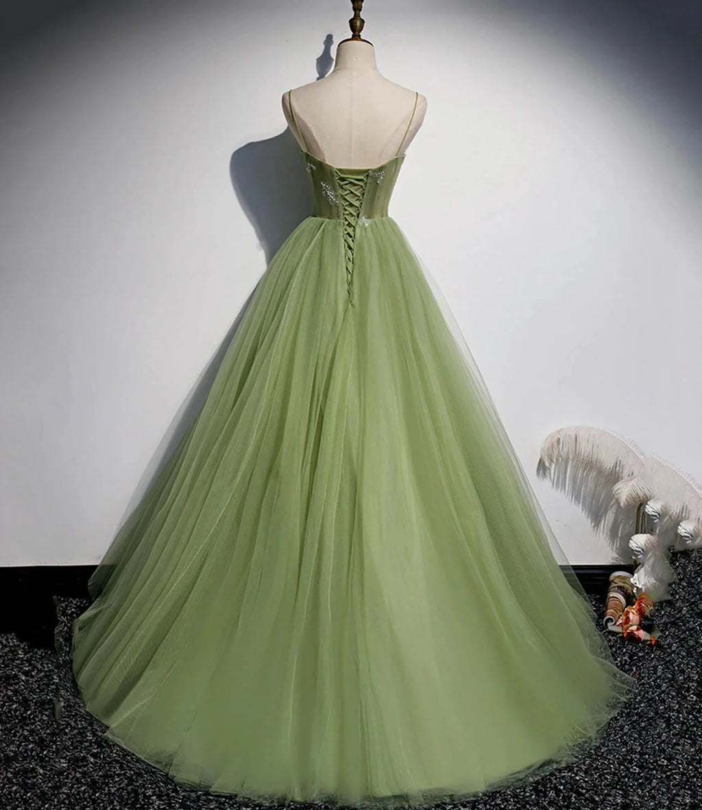 Green tulle long prom dress A line evening dress s56 by simplepromdress