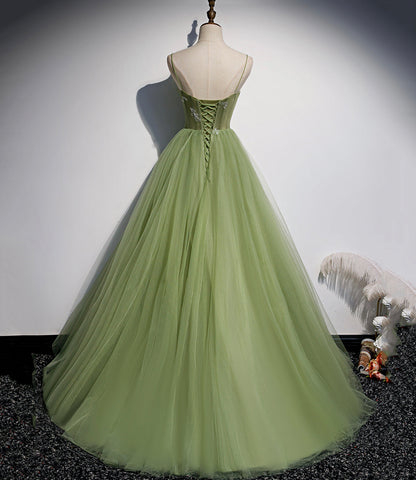 Green tulle long prom dress A line evening dress s56