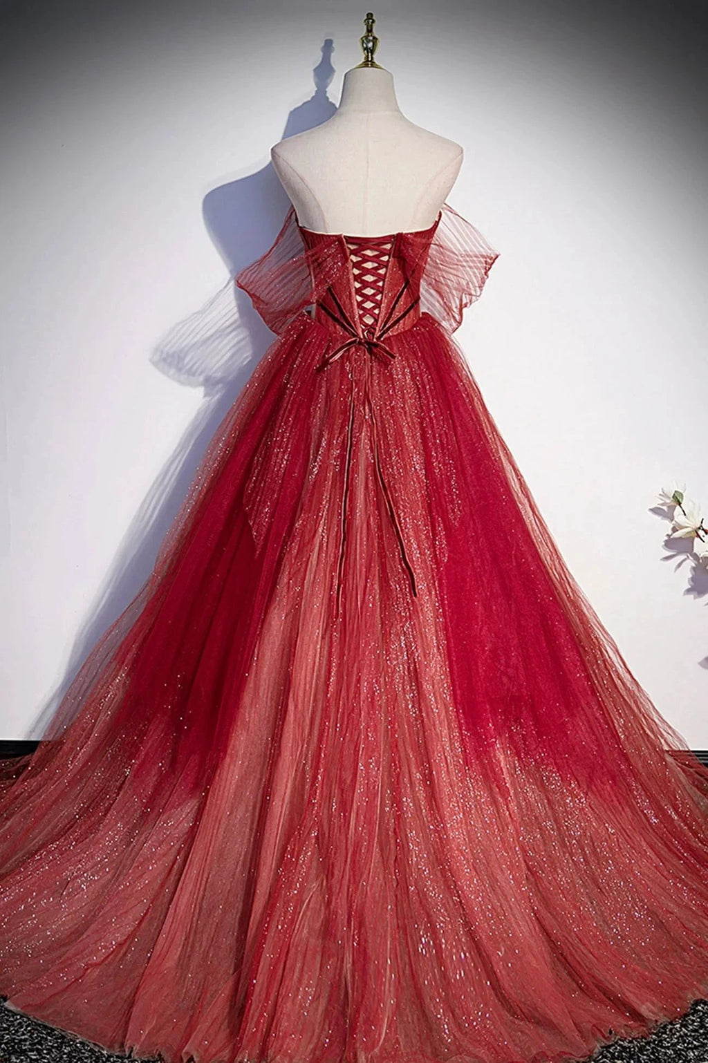 Burgundy tulle sequins long prom dress A line evening gown s55 by simplepromdress