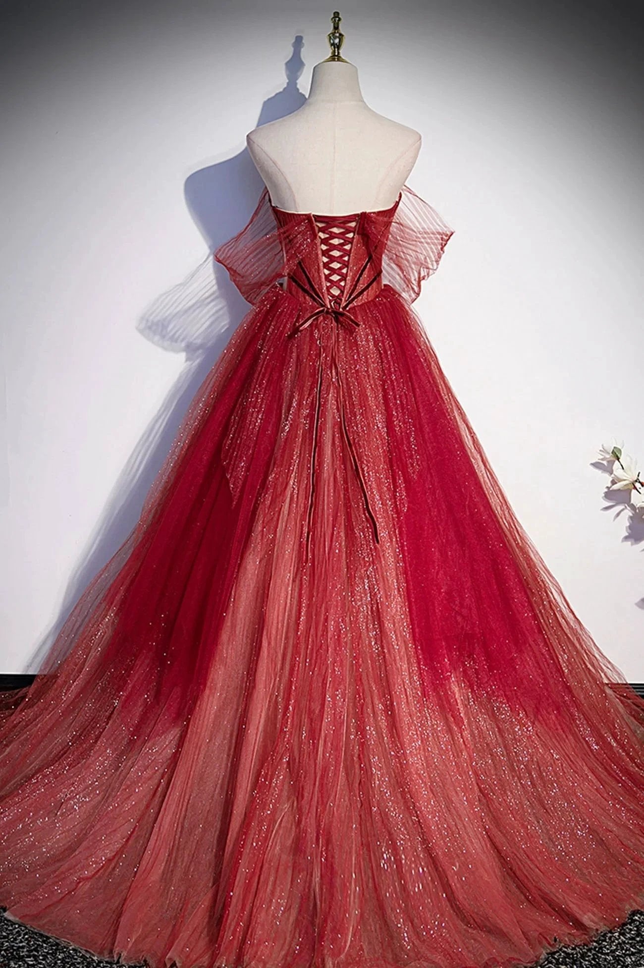 Burgundy tulle sequins long prom dress A line evening gown s55 by simplepromdress