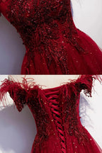 Burgundy tulle sequins long A line prom dress evening dress s69 by simplepromdress