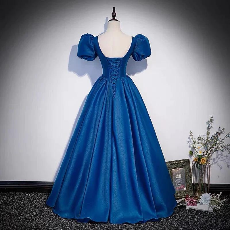 Blue saitn long prom dress A line evening gown s64 by simplepromdress